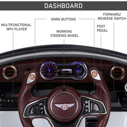 HOMCOM Compatible Electric Kids Ride On Car Bentley GT 12V Battery Powered Toy Two Motors with LED Light Music Parental Remote Control for 3-5 Years White Bentley