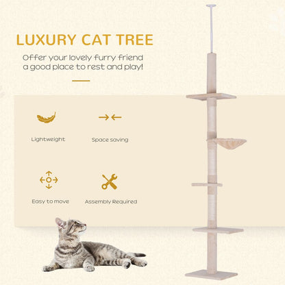 PawHut Floor to Ceiling Cat Tree for Indoor Cats 5-Tier Kitty Tower Beige
