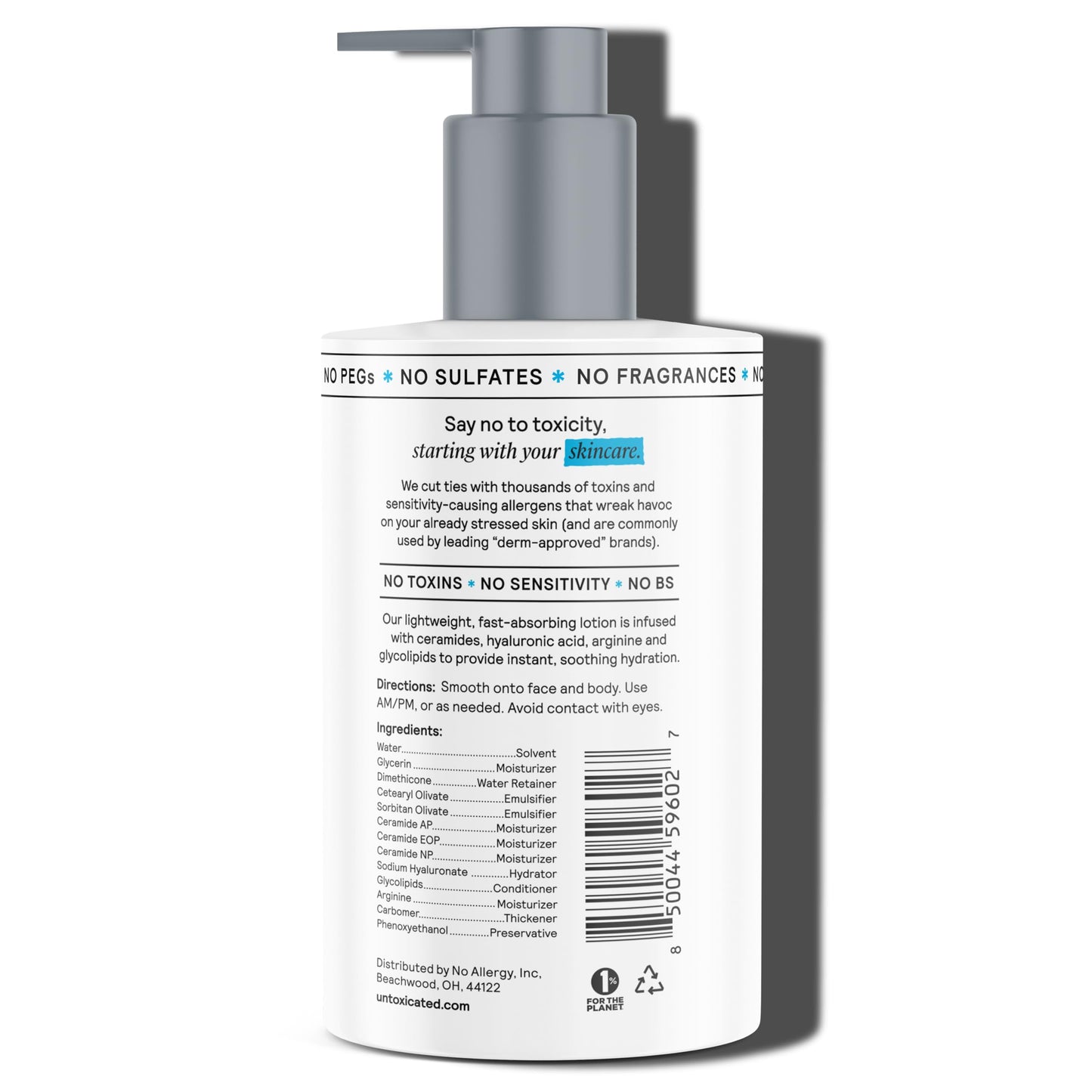 Untoxicated Moisturizing Lotion – Sensitive Skin Daily Moisturizer (Ceramides + Hyaluronic Acid) – Fragrance-Free, Oil-Free, Non-Comedogenic – 10 oz