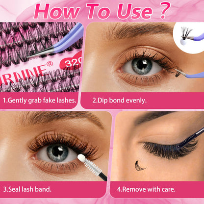 URNNE DIY Lash Extension Kit — 9-16mm Mix, 320 Pcs Clusters, Bond & Seal