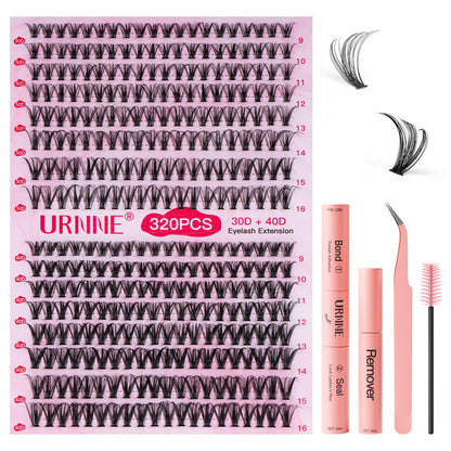 URNNE DIY Lash Extension Kit — 9-16mm Mix, 320 Pcs Clusters, Bond & Seal
