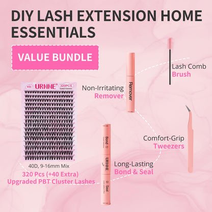 URNNE Lash Extension Kit – 320 Pcs 40D Clusters with Bond & Seal