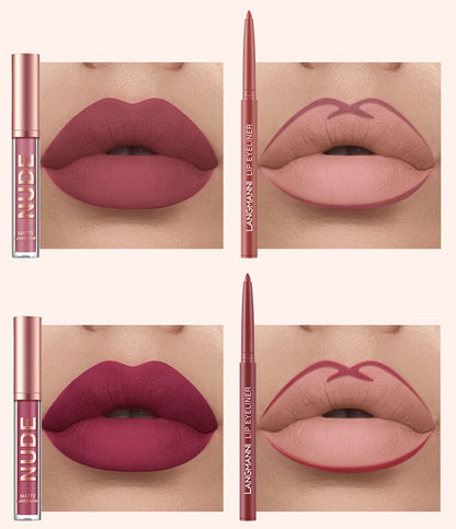 URQT 12pcs Lip Liner & Lipstick Set – 6 Velvet Matte Liquid Lipsticks + 6 Matching Lip Liners