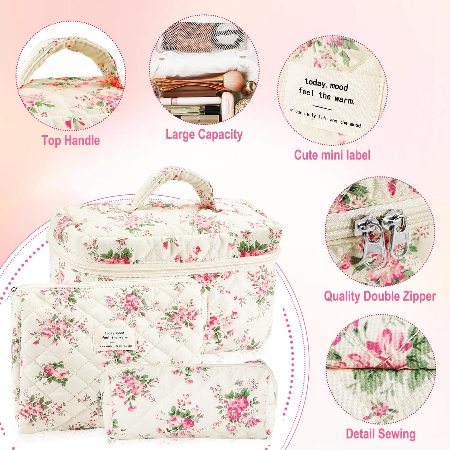 URSKYTOUS 3Pcs Cotton Quilted Makeup Bag Set – Floral Travel Cosmetic Bags for Women