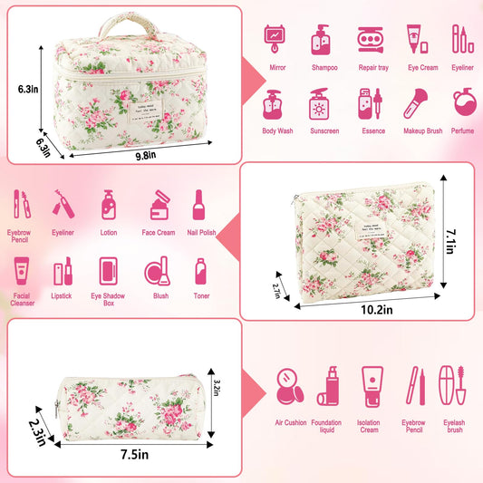 URSKYTOUS 3Pcs Cotton Quilted Makeup Bag Set – Floral Travel Cosmetic Bags for Women
