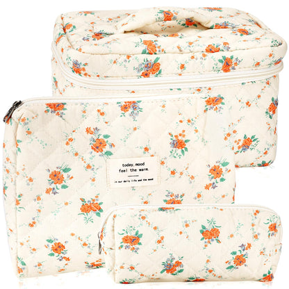URSKYTOUS 3Pcs Cotton Quilted Makeup Bag Set – Floral Travel Cosmetic Bags