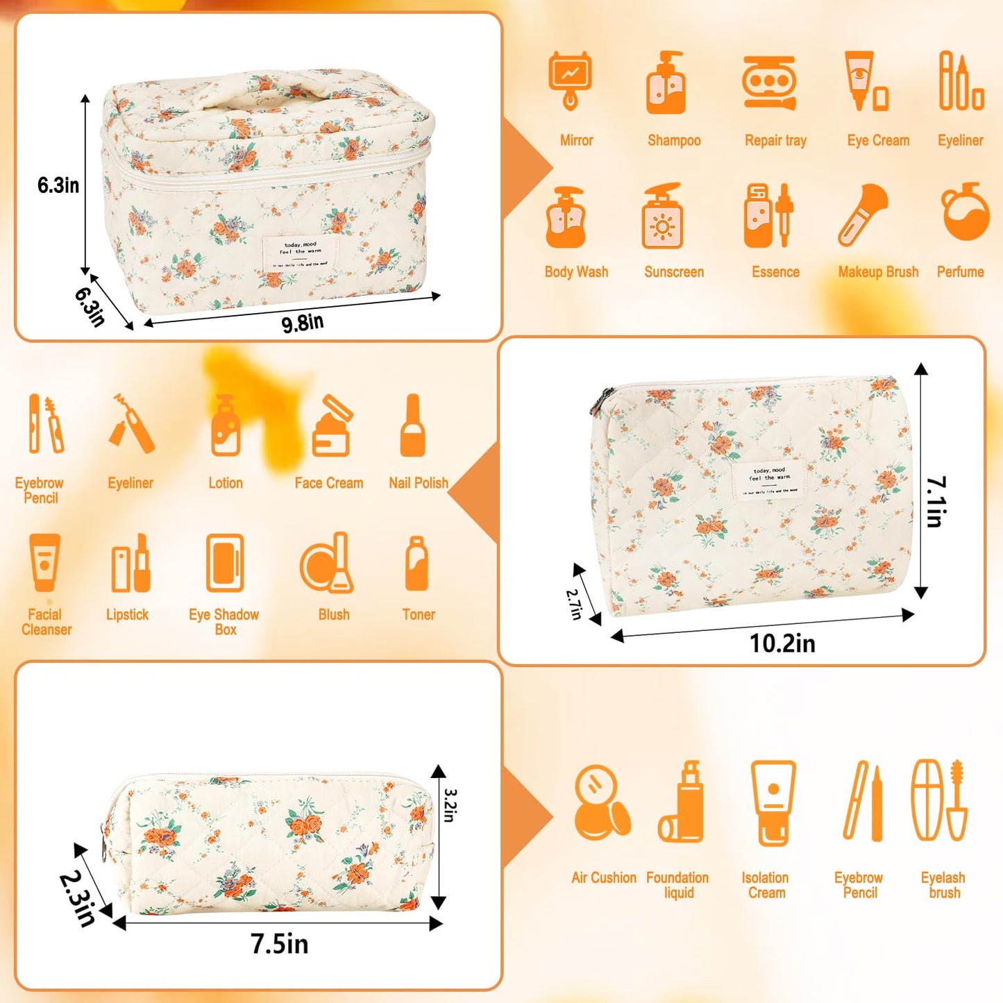URSKYTOUS 3Pcs Cotton Quilted Makeup Bag Set – Floral Travel Cosmetic Bags