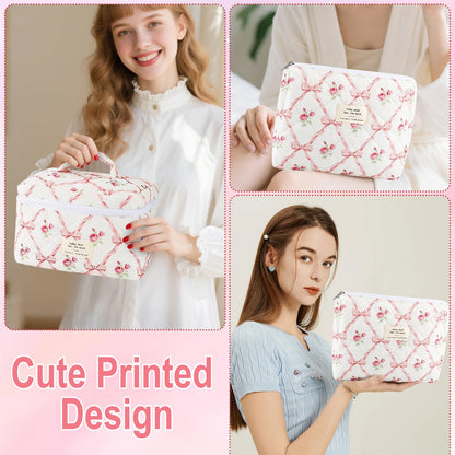 URSKYTOUS 2-Piece Cotton Quilted Makeup Bags Set – Large & Small Floral Pink Cosmetic Pouches