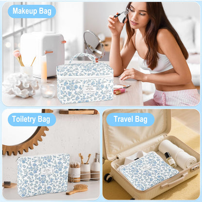 URSKYTOUS 2Pcs Cotton Quilted Makeup Bags — Extra Large & Small Travel Cosmetic Set, Blue Floral