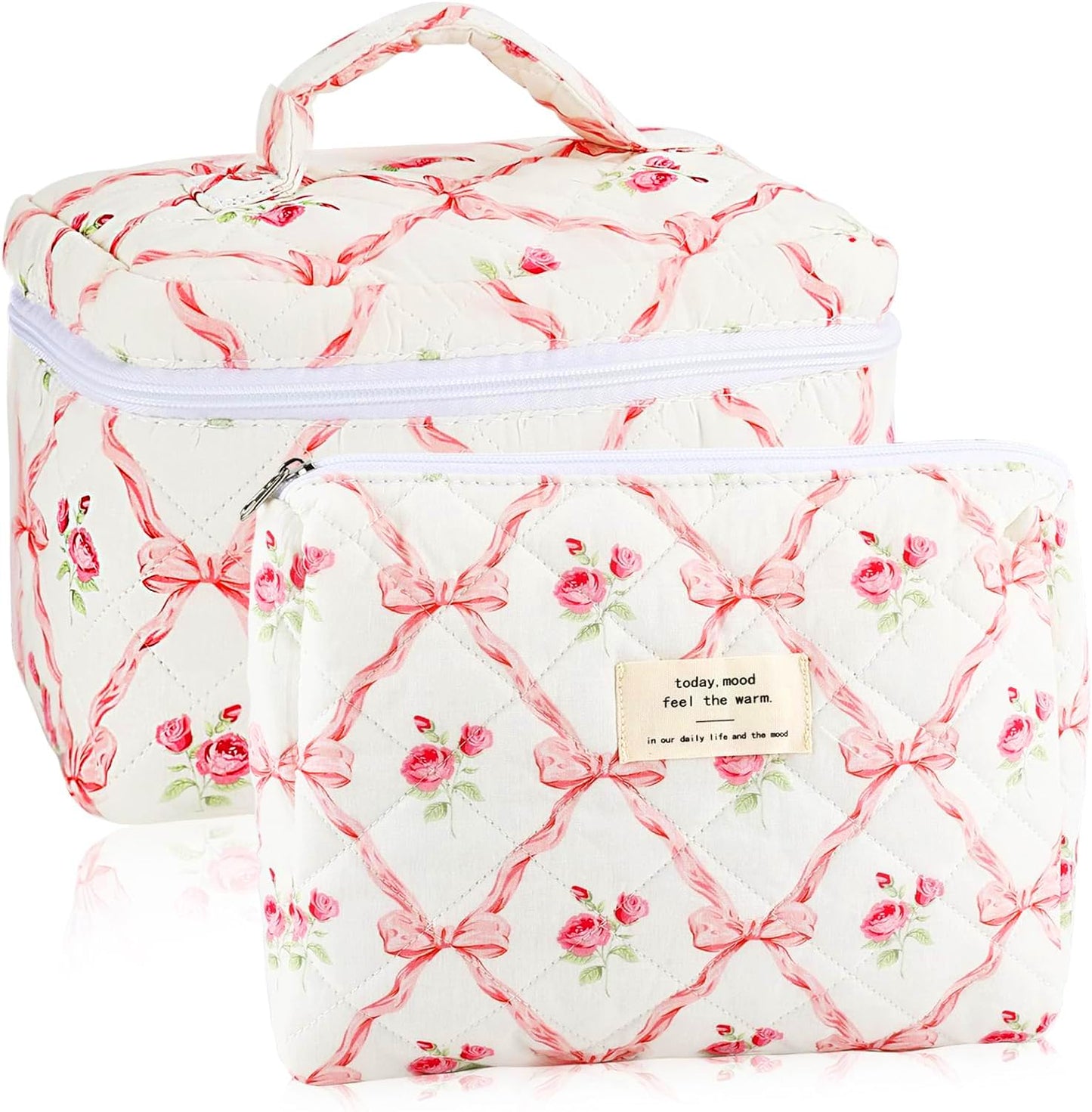 URSKYTOUS 2-Piece Cotton Quilted Makeup Bags Set – Large & Small Floral Pink Cosmetic Pouches