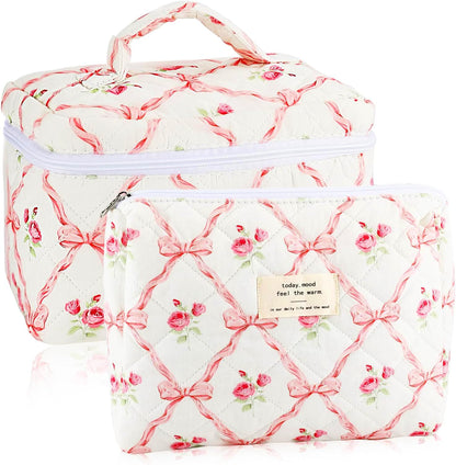 URSKYTOUS 2-Piece Cotton Quilted Makeup Bags Set – Large & Small Floral Pink Cosmetic Pouches