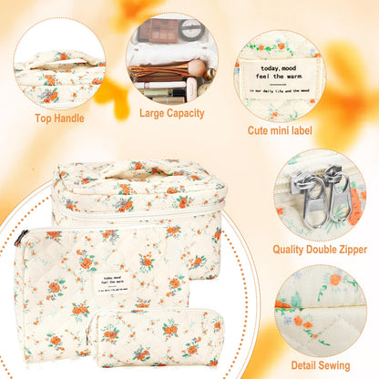 URSKYTOUS 3Pcs Cotton Quilted Makeup Bag Set – Floral Travel Cosmetic Bags