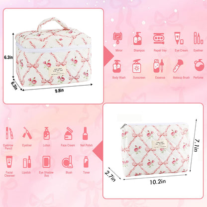 URSKYTOUS 2-Piece Cotton Quilted Makeup Bags Set – Large & Small Floral Pink Cosmetic Pouches