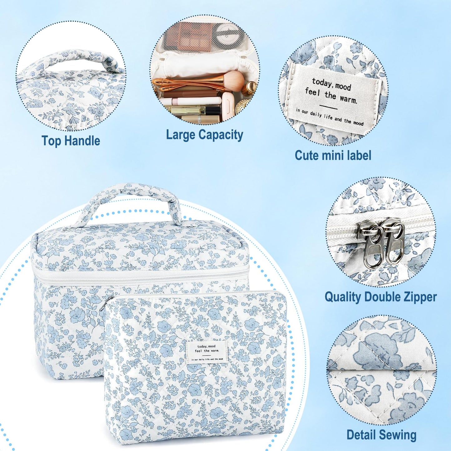 URSKYTOUS 2Pcs Cotton Quilted Makeup Bags — Extra Large & Small Travel Cosmetic Set, Blue Floral