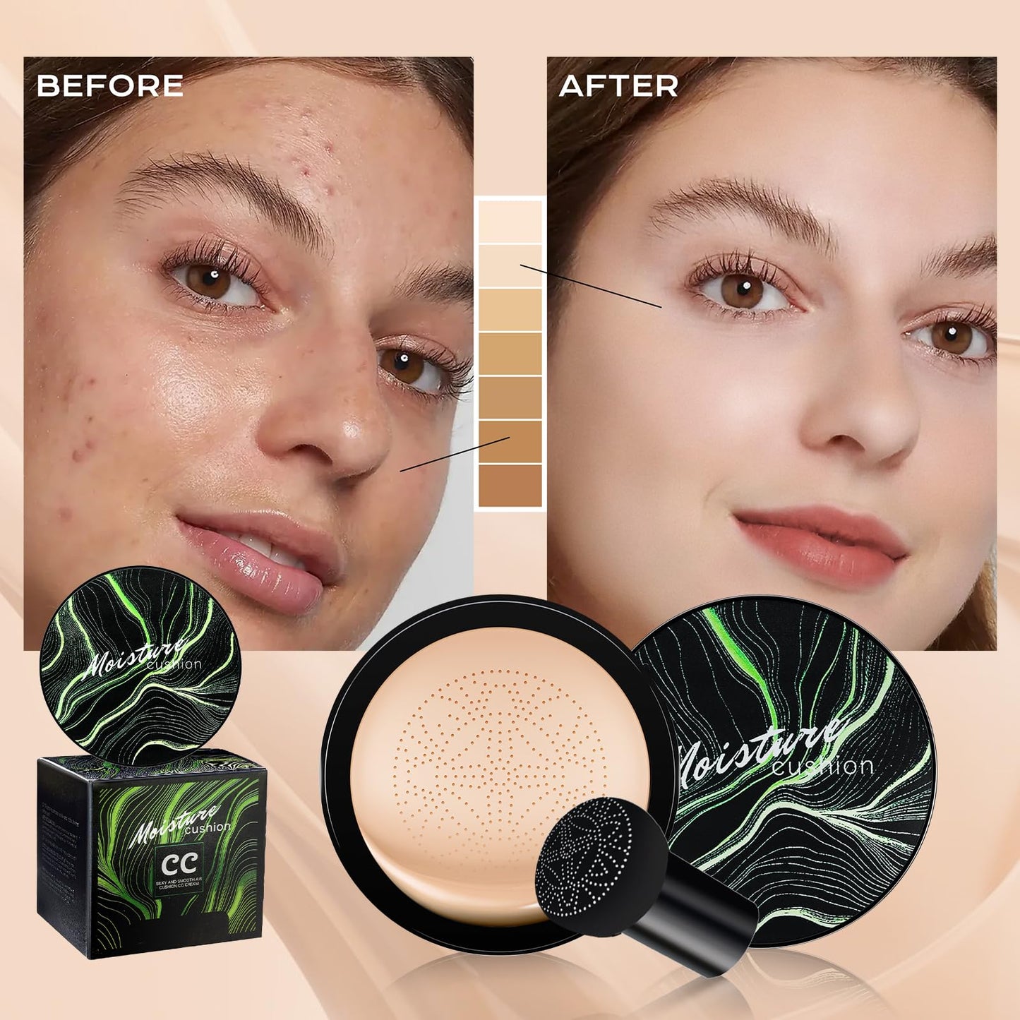Ursoulney Mushroom Head Air Cushion CC Cream - Tattoo Cover-Up BB Foundation, Moisturizing, Long-Lasting (2 PCS Medium)
