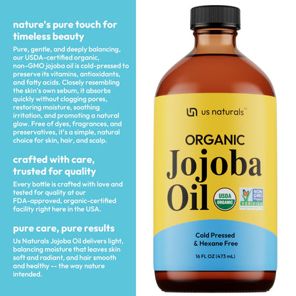 Us Naturals 16oz Organic Jojoba Oil – Cold-Pressed, Unrefined, USDA Organic & Non-GMO in Glass