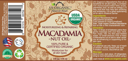 US Organic Macadamia Nut Oil — Unrefined, Cold-Pressed, Certified Organic, 4 oz Amber Bottle with Dropper