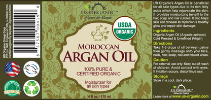 US Organic Moroccan Argan Oil – Cold-Pressed Virgin, USDA Organic, 4 oz Amber Bottle