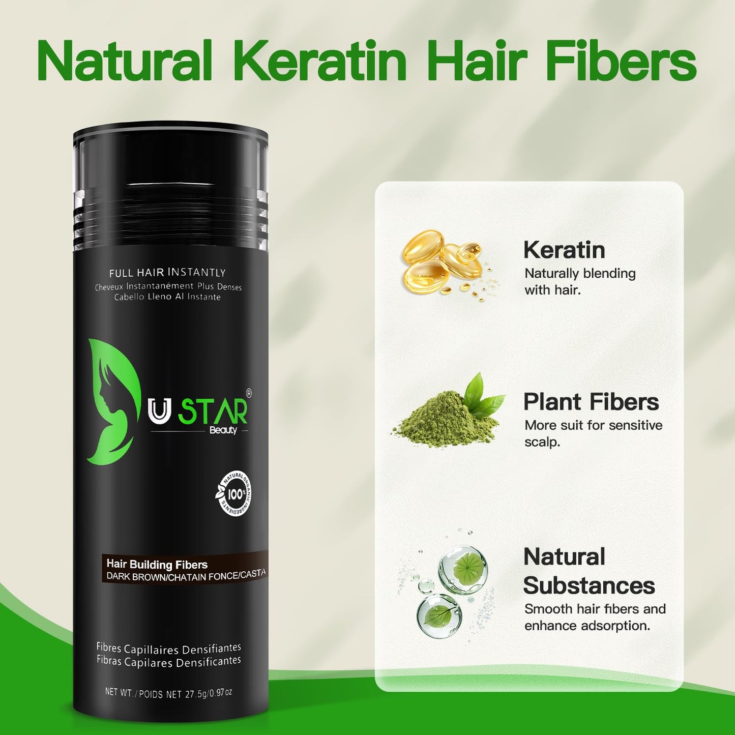 USTAR Hair Fibers 27.5g – Instant Fuller Look with Fiberhold Spray (Dark Brown)