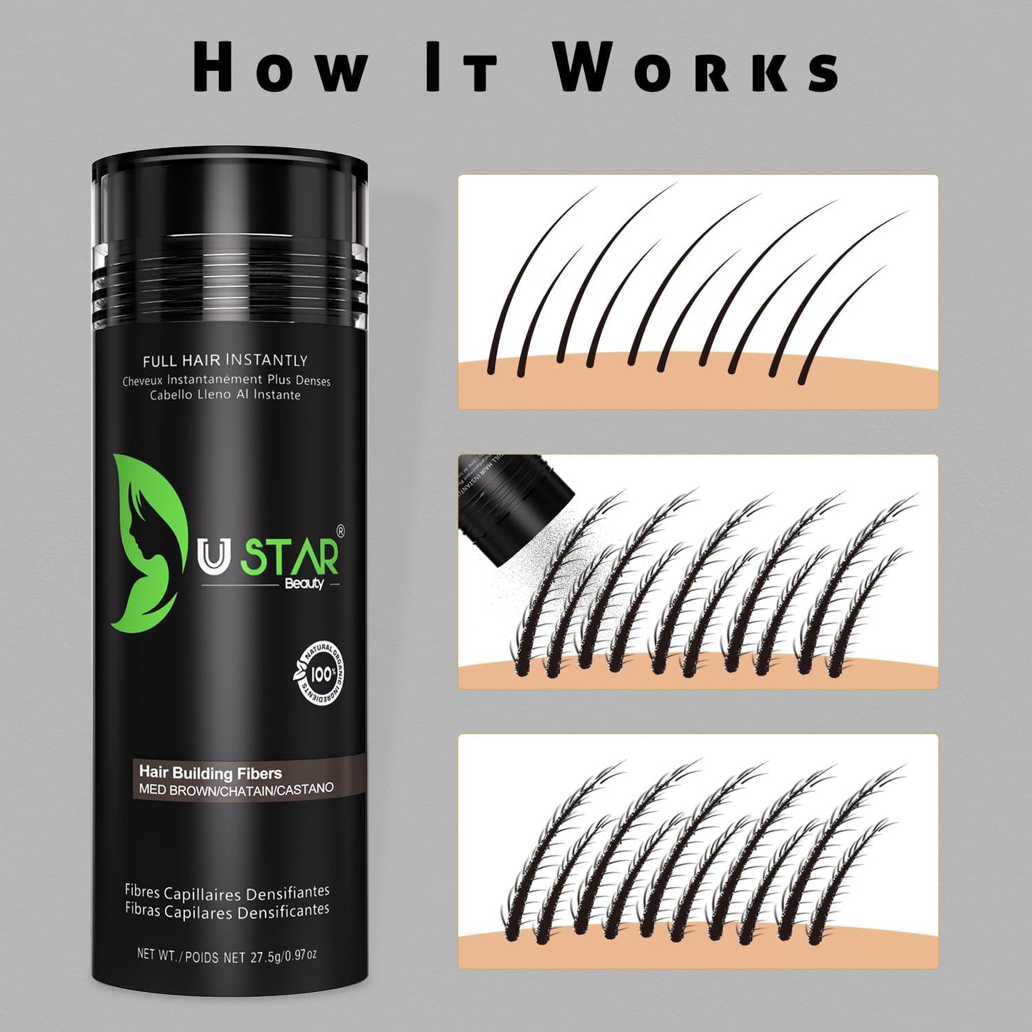 USTAR Hair Fibers 55g - Hair Building Fibers for Thinning Hair - Instantly Fuller Look - For Men & Women - Black