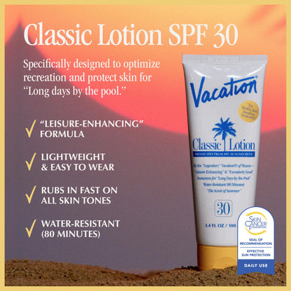 Vacation Classic Sunscreen Lotion SPF 30 & Air Freshener Bundle | Water-Resistant, Vegan, Travel Size 3.4 Fl Oz