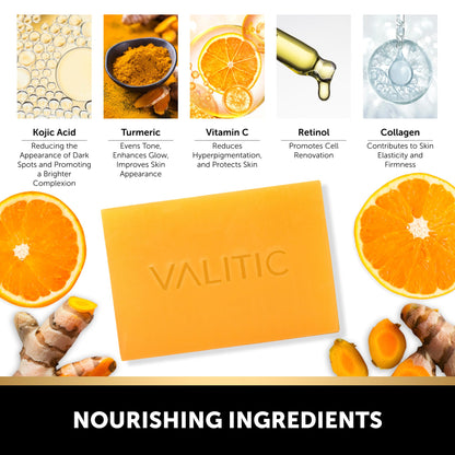 VALITIC 2-Pack Kojic Acid Dark Spot Corrector Soap Bars — Vitamin C, Retinol, Hyaluronic Acid + Exfoliating Gloves