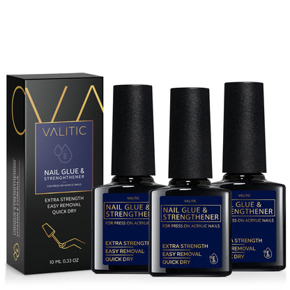 VALITIC Strong Nail Glue & Strengthener – Quick-Dry Brush-On Gel for Acrylic & Press-On Nails (3 Pack)