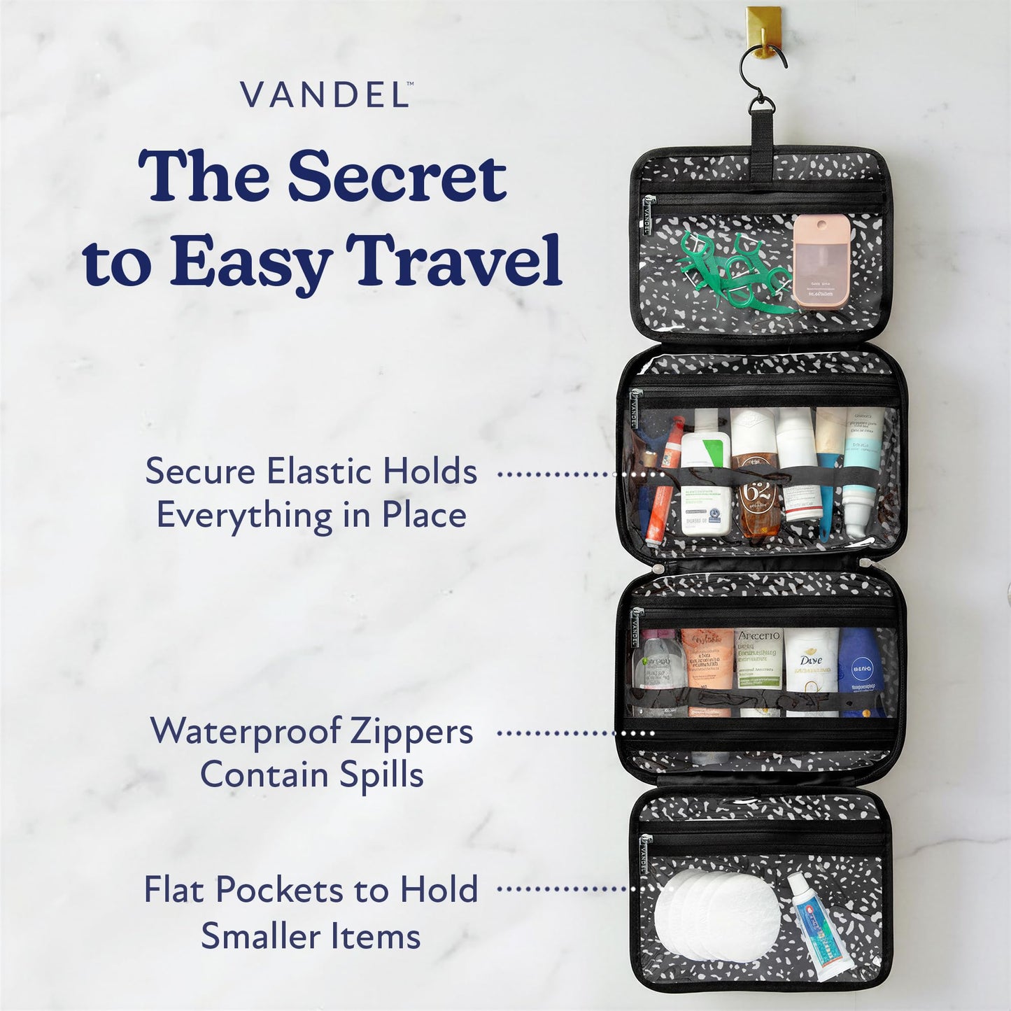 VANDEL Waterproof Hanging Toiletry Bag – Travel Makeup Organizer, White Leopard