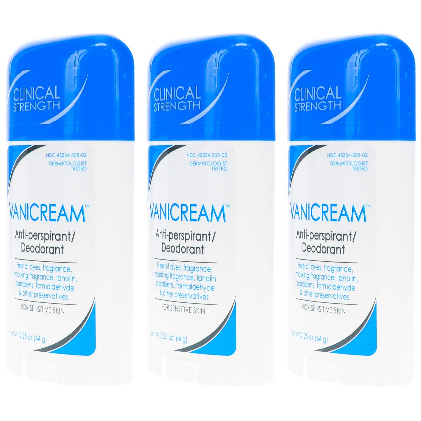 Vanicream Anti-Perspirant Deodorant – Clinical Strength for Sensitive Skin, 2.25 oz (Pack of 3)