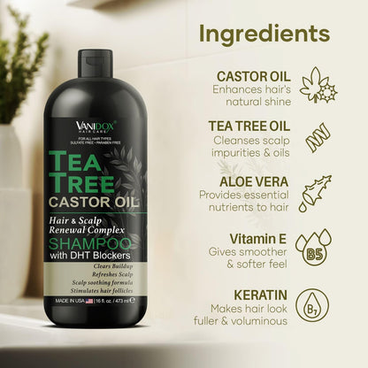 VANIDOX Tea Tree Oil Shampoo with Castor Oil – Itchy Scalp Relief & Fuller Hair (16 oz) | Made in USA