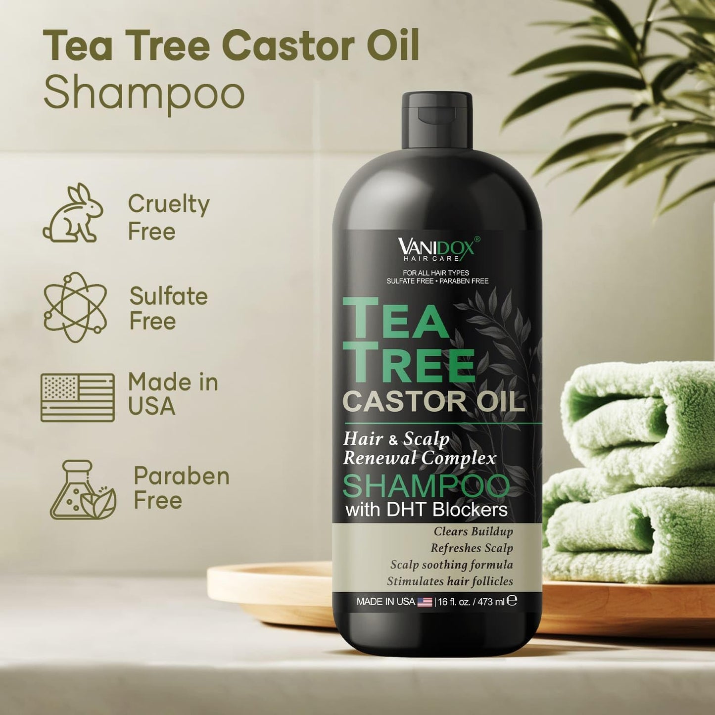 VANIDOX Tea Tree Oil Shampoo with Castor Oil – Itchy Scalp Relief & Fuller Hair (16 oz) | Made in USA