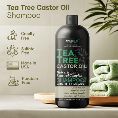 VANIDOX Tea Tree Oil Shampoo with Castor Oil – Itchy Scalp Relief & Fuller Hair (16 oz) | Made in USA
