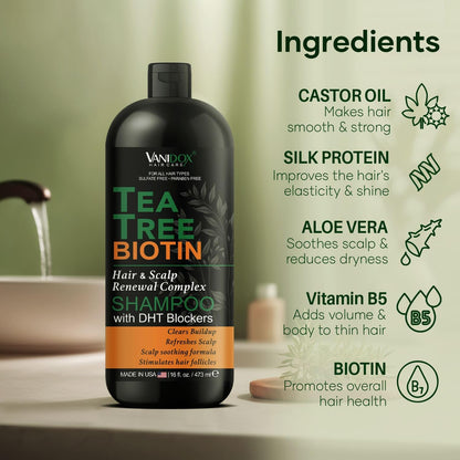 VANIDOX Tea Tree Oil Shampoo with Biotin & DHT Blockers | Itchy Scalp Relief & Thicker-Looking Hair | Made in USA | 16 fl oz