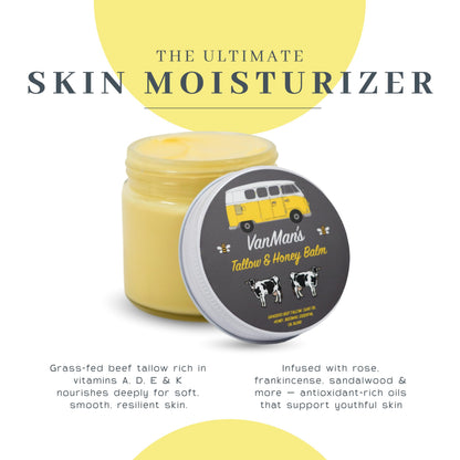 Vanman's Tallow and Honey Balm Jumbo | Grass-Fed Beef Tallow Moisturizer with Honey & Essential Oils - 6.3 oz