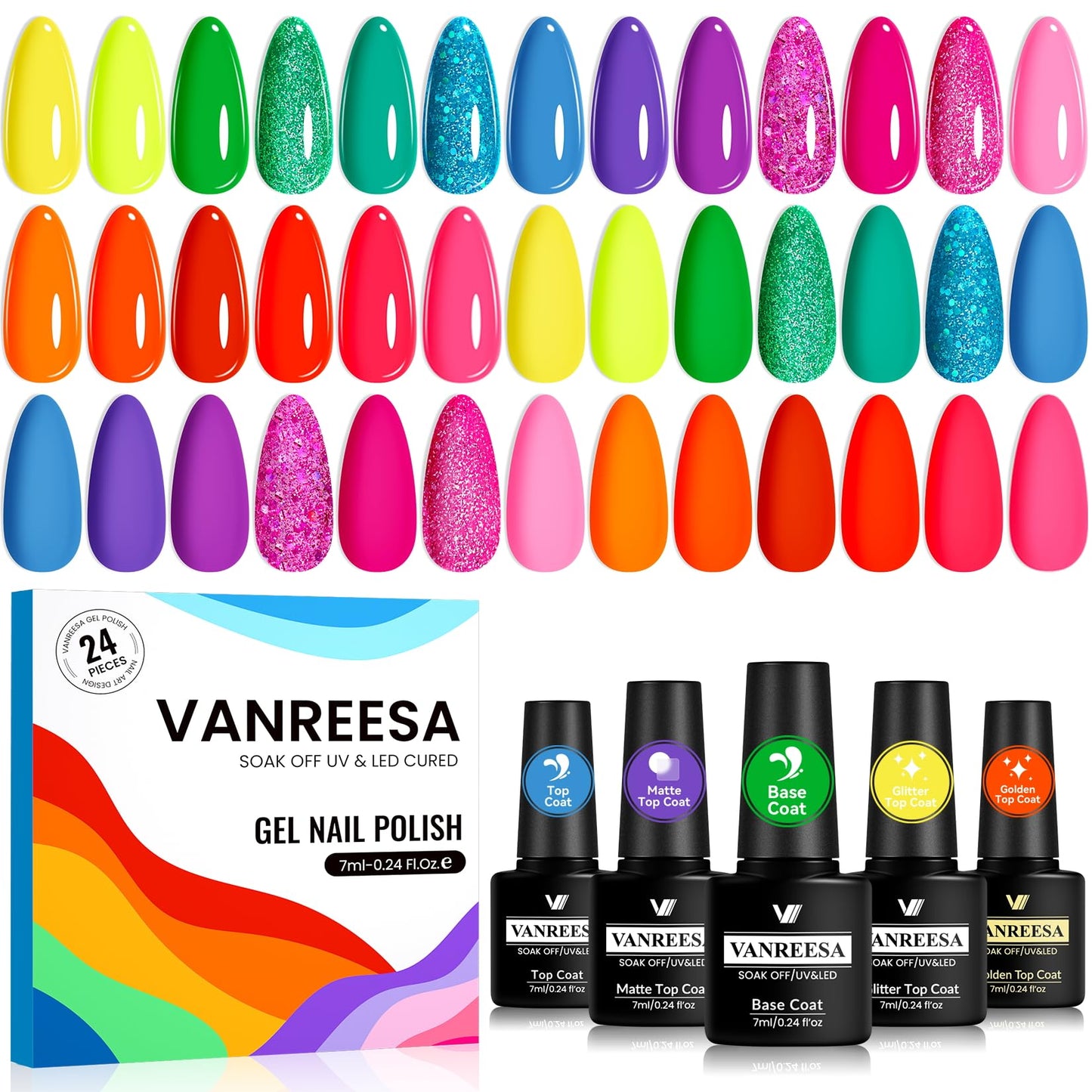 VANREESA Gel Nail Polish Set – 24 Pcs with Base Coat & 4 Top Coats, Bright Colors