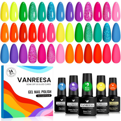 VANREESA Gel Nail Polish Set – 24 Pcs with Base Coat & 4 Top Coats, Bright Colors