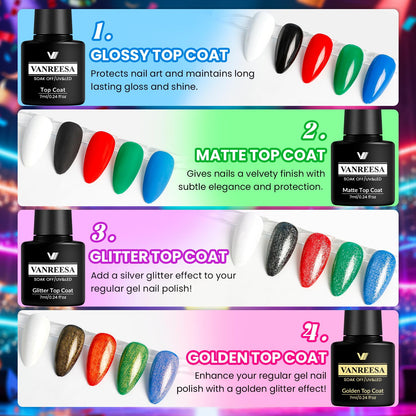 VANREESA Gel Nail Polish Set – 24 Pcs with Base Coat & 4 Top Coats, Bright Colors