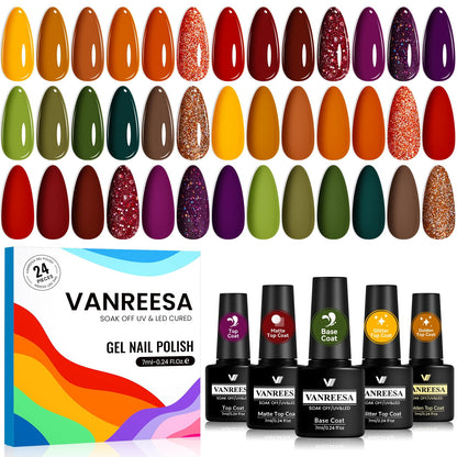 VANREESA 24-Piece Fall Gel Nail Polish Set – 19 Colors + Base Coat & 4 Top Coats