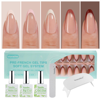 Vansiho French Gel Nails Kit – Medium Almond French Tip Press-On Nails with Nail Lamp