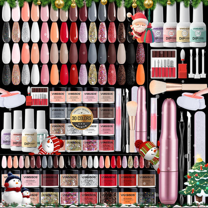 VANSISOS Dip Powder Nail Kit with Everything – 30 Colors, Base/Top/Activator, Nail Drill, At-Home Salon