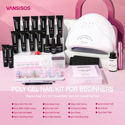 VANSISOS Poly Gel Nail Kit – 12 Colors with UV Light for Beginners