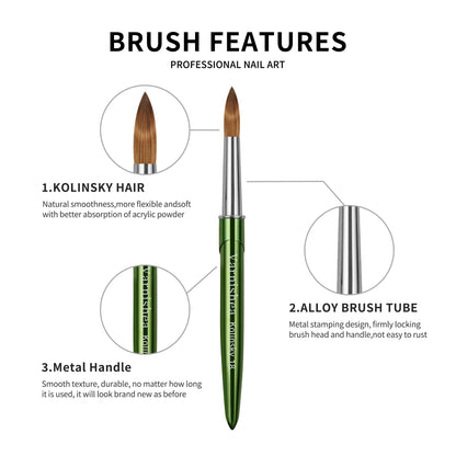 varnishea Kolinsky Hair Acrylic Nail Brush – Green Metal Handle, Size 8, 1.0 Count