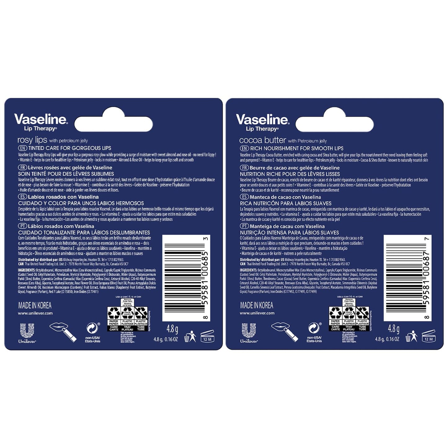 Vaseline Lip Therapy Variety 4-Pack – Cocoa Butter & Rosy Lips Balms with Vitamin E | 0.16 oz Each
