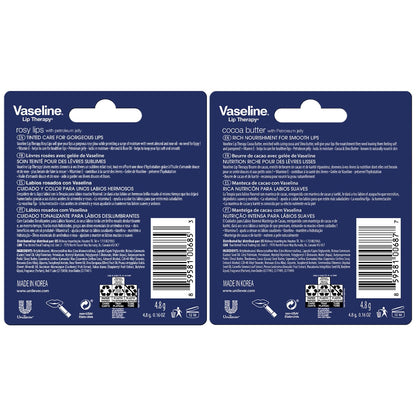 Vaseline Lip Therapy Variety 4-Pack – Cocoa Butter & Rosy Lips Balms with Vitamin E | 0.16 oz Each