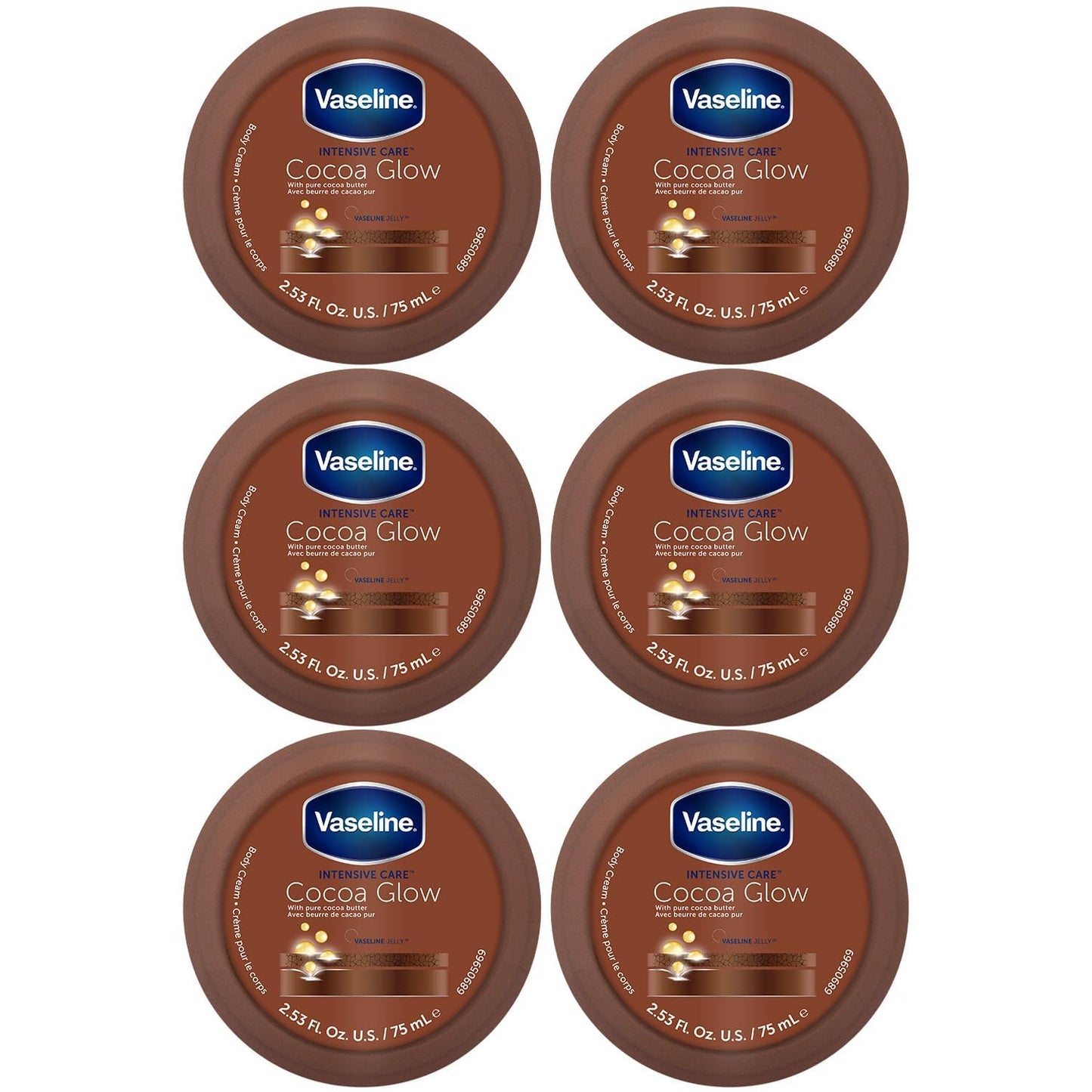 Vaseline Cocoa Glow Body Cream 6-Pack – 48H Moisture, Cocoa Butter & Vitamin E, Travel-Size 2.53 fl oz Each