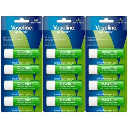 Vaseline Lip Therapy Aloe Fresh 12-Pack – Moisturizing Lip Balm for Very Dry Lips, 0.16 oz Each