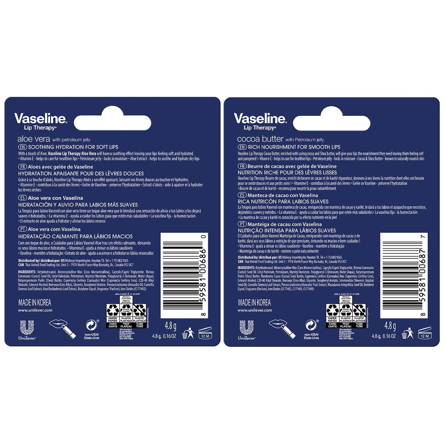 Vaseline Lip Therapy 4-Pack – Cocoa Butter & Aloe Vera Lip Balm with Vitamin E