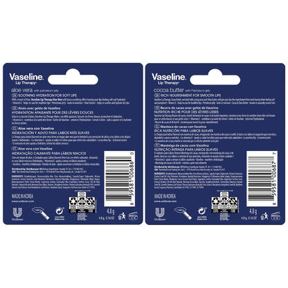 Vaseline Lip Therapy 4-Pack – Cocoa Butter & Aloe Vera Lip Balm with Vitamin E