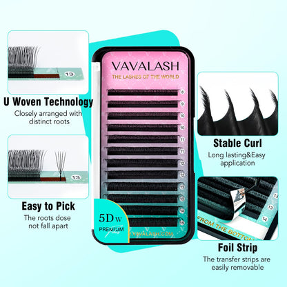 VAVALASH U 5D Lash Extensions – C Curl 0.07mm, 8–15mm Mix Tray, 5D UU Lash Fans, U-Shaped Natural Wispy Lashes