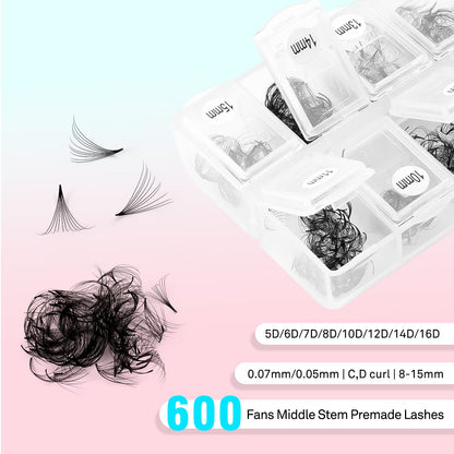 VAVALASH 600 Fans Premade Loose Lash Fans 8-15mm | 10D-0.07-C-8-15mm Promade Volume